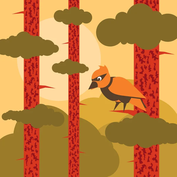 Picchio animato in pineta foresta paesaggio illustrazione — Vettoriale Stock