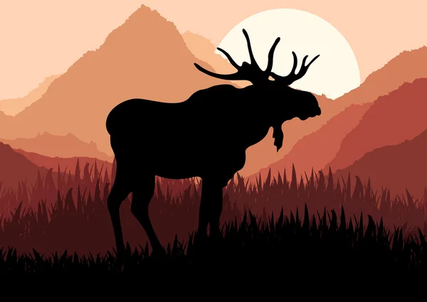 Animated moose in wild nature landscape illustration — Stock Vector