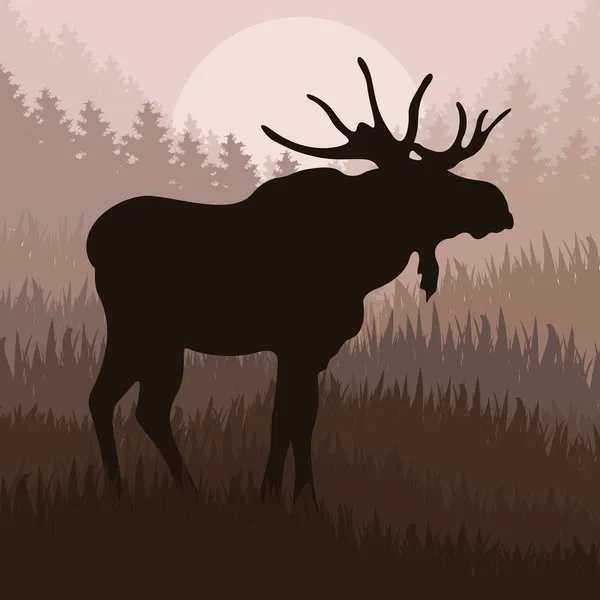 Animated moose in wild nature landscape illustration — Stock Vector