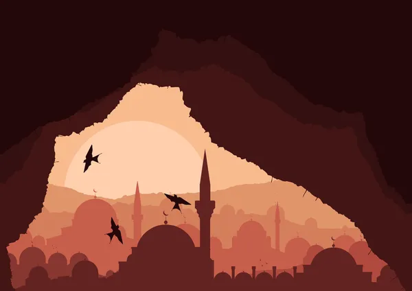 魔法洞穴对伊斯兰城市景观的视图 — 图库矢量图片