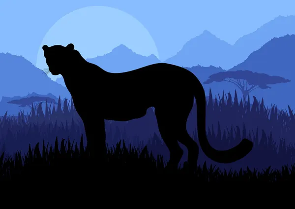 Animato ghepardo caccia in natura selvaggia paesaggio illustrazione — Vettoriale Stock