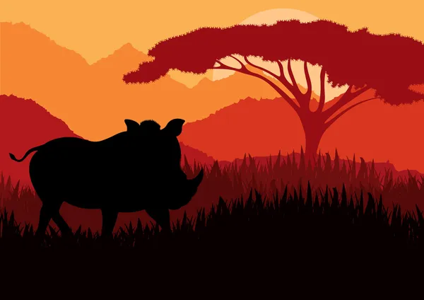 야생의 자연 풍경 그림에 애니메이션된 코뿔소 — 스톡 벡터