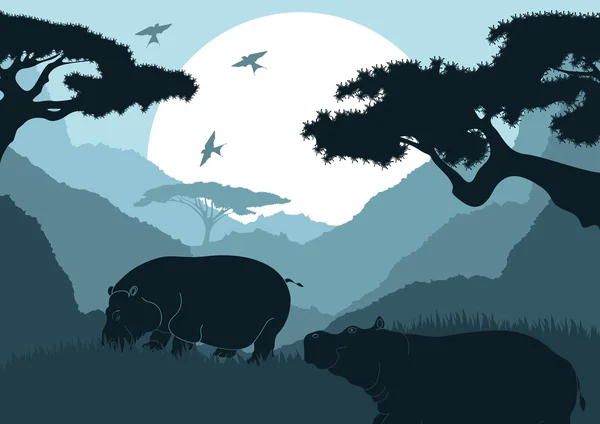 Анімована пара гіпопотама в ілюстрації листя дикої природи — стоковий вектор
