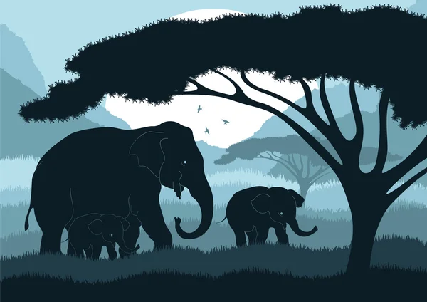 Linda familia de elefantes en África salvaje paisaje ilustración — Vector de stock