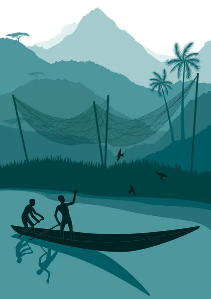 Pescador animado em natureza selvagem paisagem ilustração — Vetor de Stock