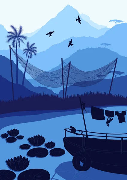 Animiertes Fischerschiff in wildem Afrika Laub Illustration — Stockvektor