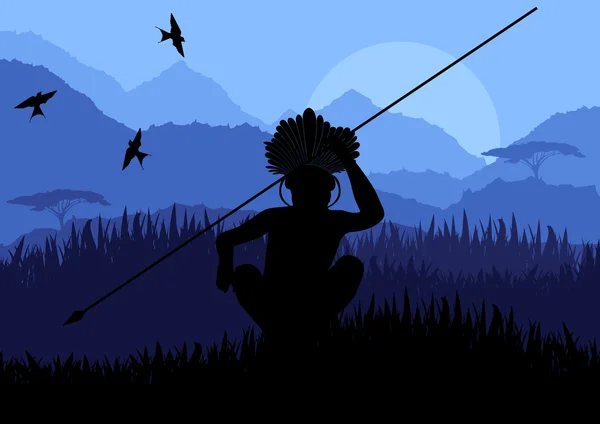 Native african warrior in wild nature landscape illustration — Stock Vector
