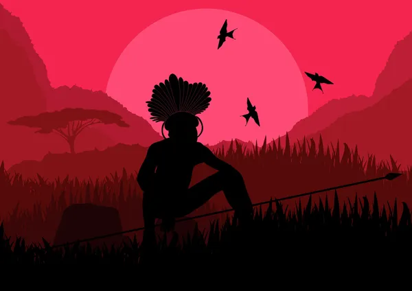 Guerrier africain indigène dans la nature sauvage illustration de paysage — Image vectorielle
