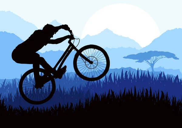Βουνό αναβάτη ποδήλατο σε τοπίο άγριας φύσης — Διανυσματικό Αρχείο