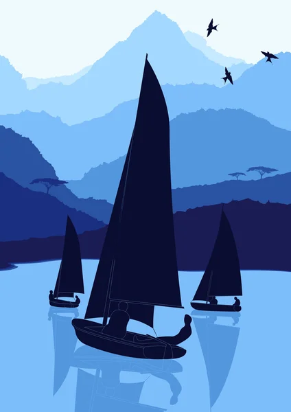 Animated yacht regatta sailing in wild nature landscape illustration — Stock Vector
