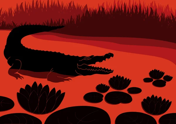 野生の自然の風景イラストでアニメーションの空腹のワニ — ストックベクタ