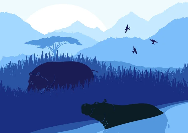 野生の自然の葉図アニメーション カバ カップル — ストックベクタ