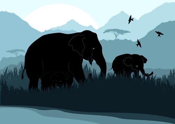 Schattig olifant familie in wild Afrika landschap illustratie — Stockvector