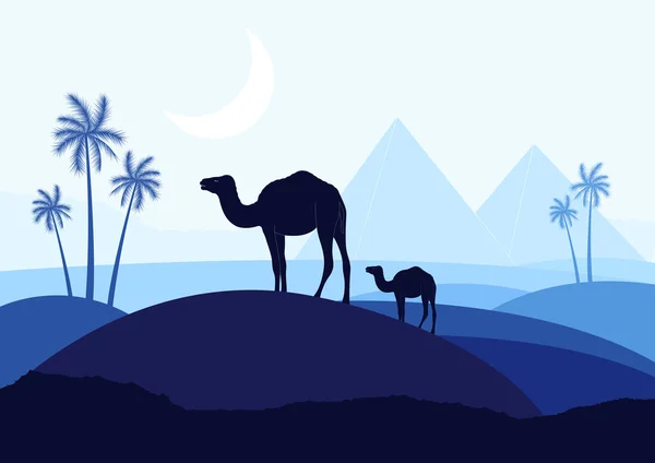 Καμήλες με πυραμίδες στην άγρια Αφρική τοπίο — Διανυσματικό Αρχείο