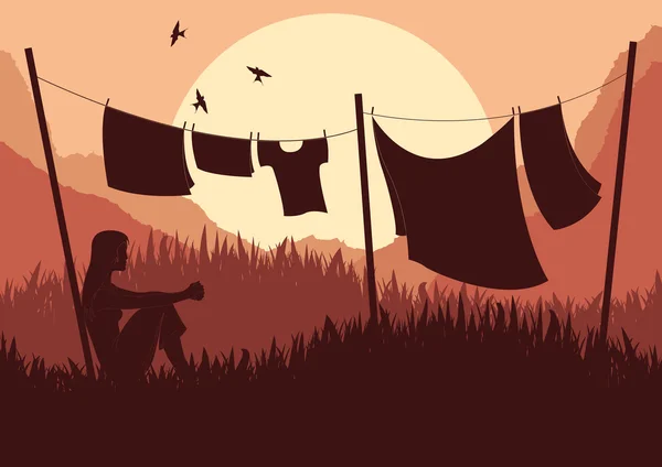 Animovaný ženy sušení prádla v divoké krajině Afrika — Stockový vektor
