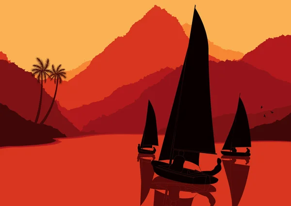 Régate de yacht animée naviguant dans la nature sauvage illustration de paysage — Image vectorielle