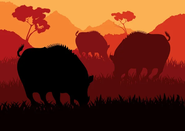 Animierte Wildschweinjagd Laub Illustration — Stockvektor
