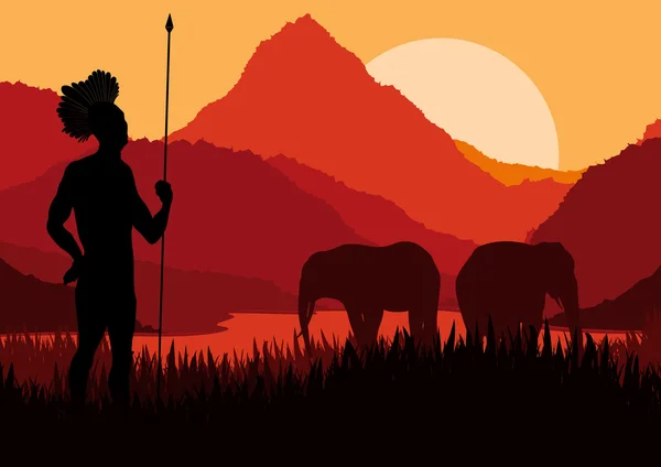 Caçador africano nativo em natureza selvagem ilustração paisagem — Vetor de Stock