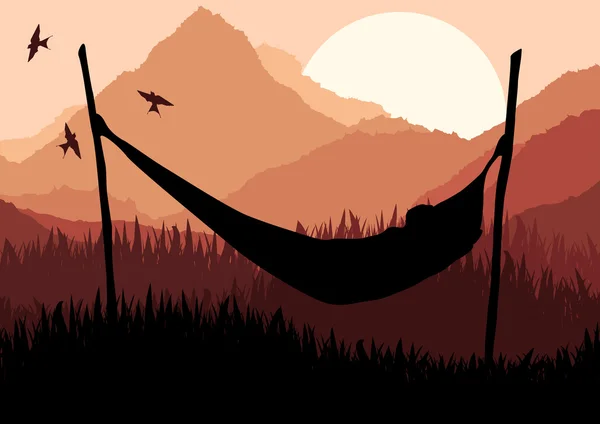 Animated african lying on a hammock in wild nature landscape illustration — Stock Vector