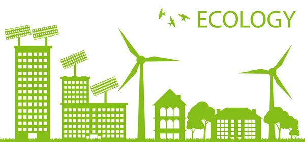 Ecología ciudad y elementos fondo vector concepto- solar y viento alterna — Vector de stock