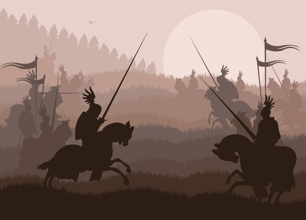 Medieval knight horseman and vintage elements vector background illustratio