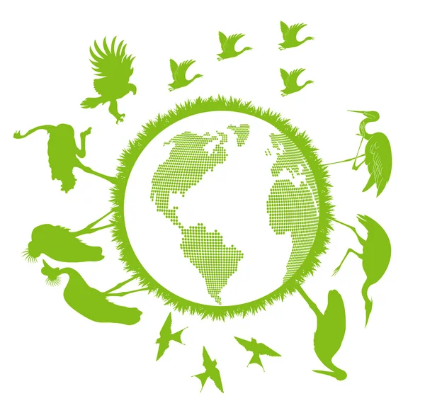 Birds set around world vector background- ecology concept — Stock Vector