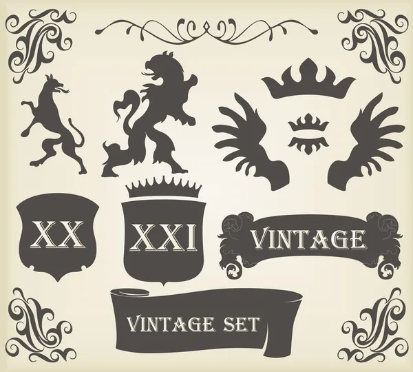 多くのヴィンテージの要素のベクトルの背景の紋章シルエット セット — ストックベクタ