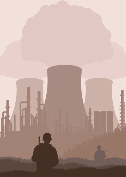 Ilustração de estação de refinaria de petróleo ou usina elétrica guardada pelo exército —  Vetores de Stock