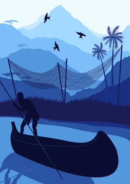 Pescador en follaje africano salvaje ilustración — Vector de stock