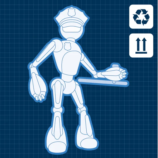 Animated police officer robot blueprint plan illustration — Stock Vector