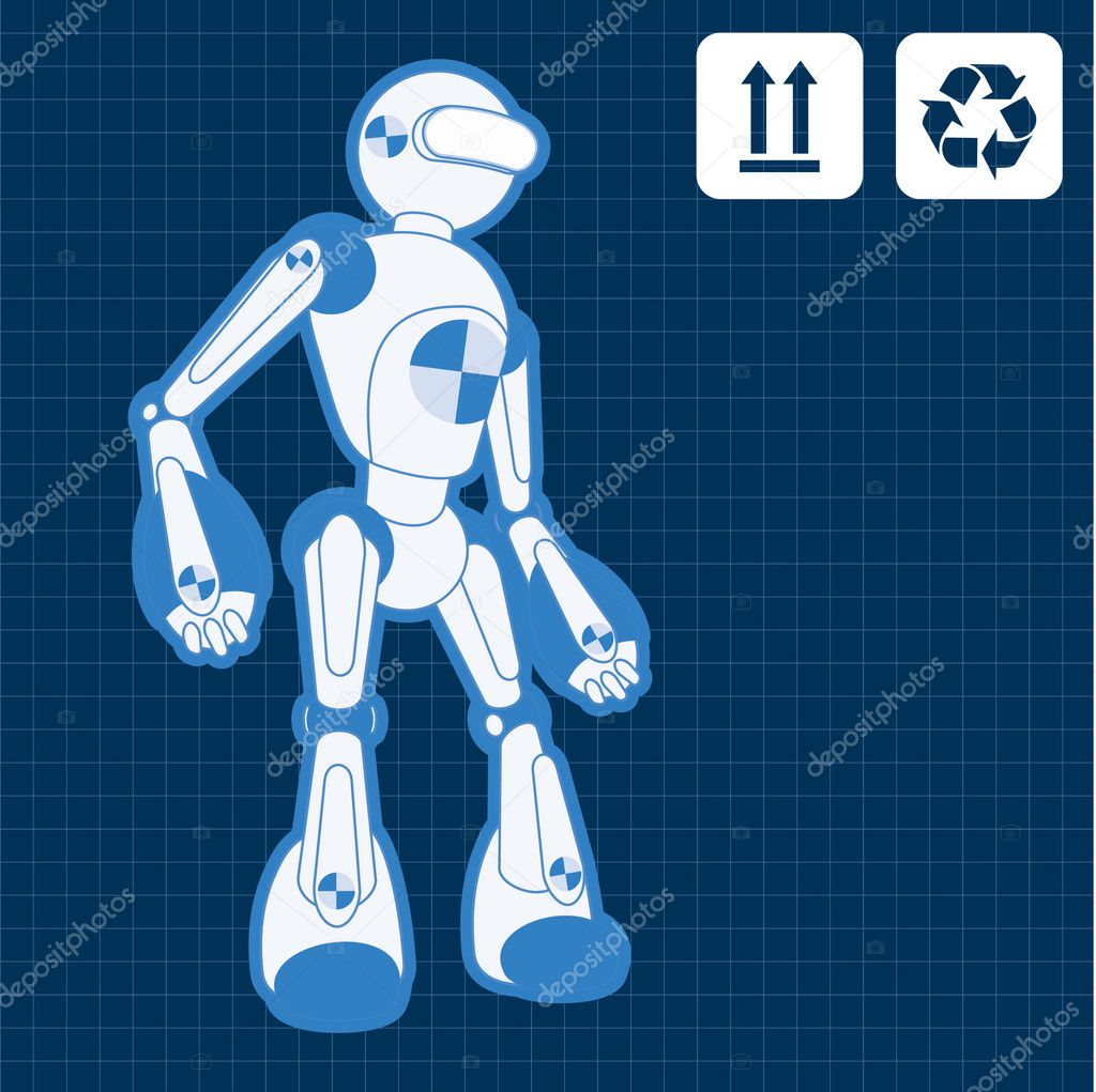 Animated nuclear physicist science robot blueprint plan illustration