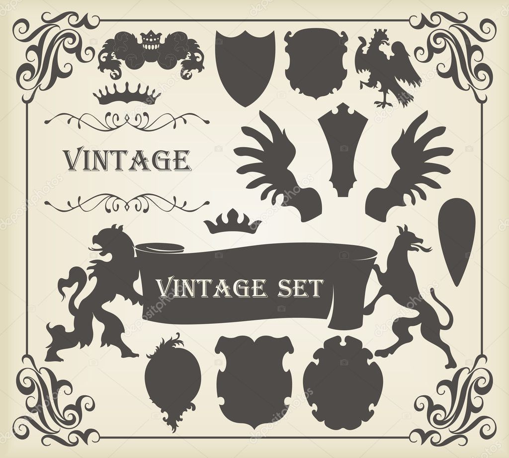 Heraldic silhouettes set of many vintage elements vector