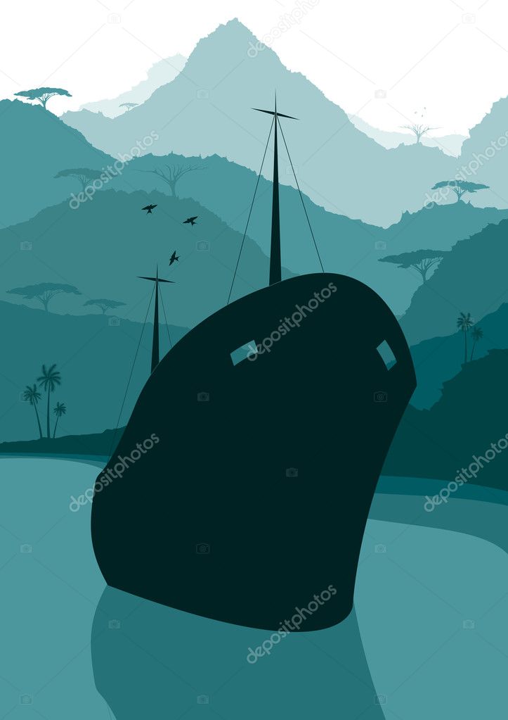 Animated fishing ship in wild africa foliage illustration