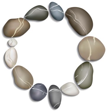 Circle of twelve pebbles on a white background