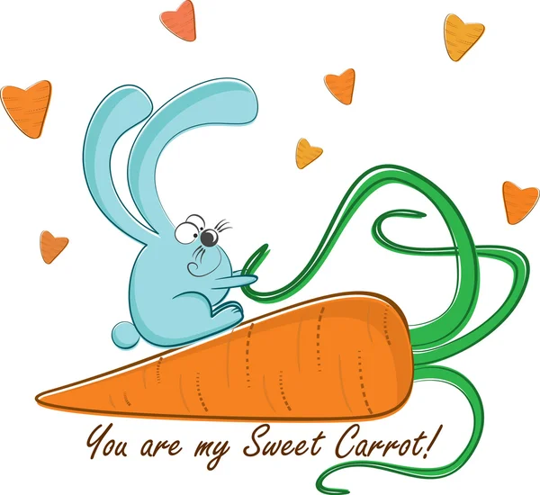 Postkarte "Kaninchen und seine süße Karotte", Vektorillustration — Stockvektor