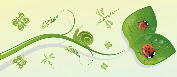 Rama verde con hojas e insectos, ilustración vectorial — Vector de stock