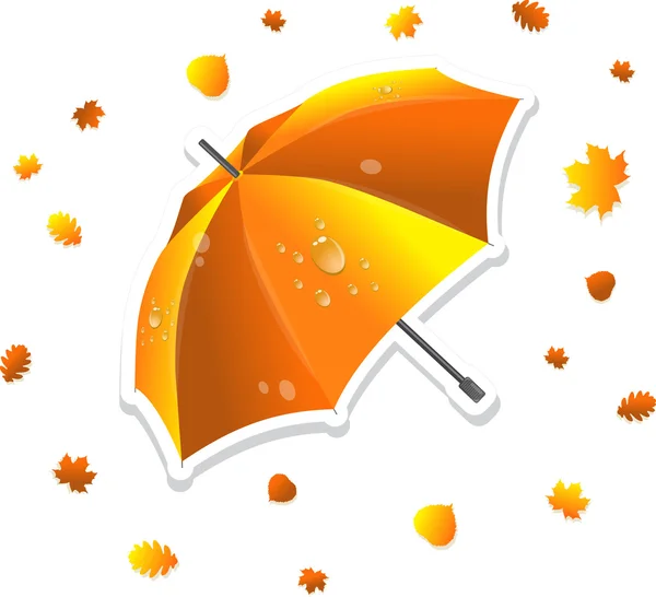 Guarda-chuva listrado aberto e folhas, ilustração vetorial — Vetor de Stock