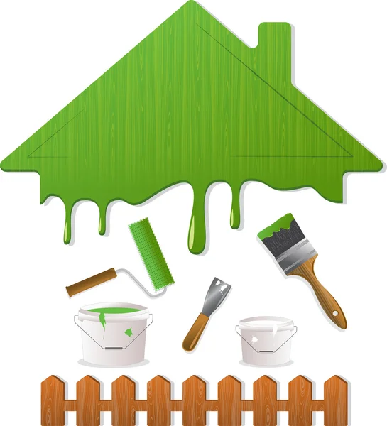 Techo verde y herramientas de pintura, ilustración vectorial — Vector de stock