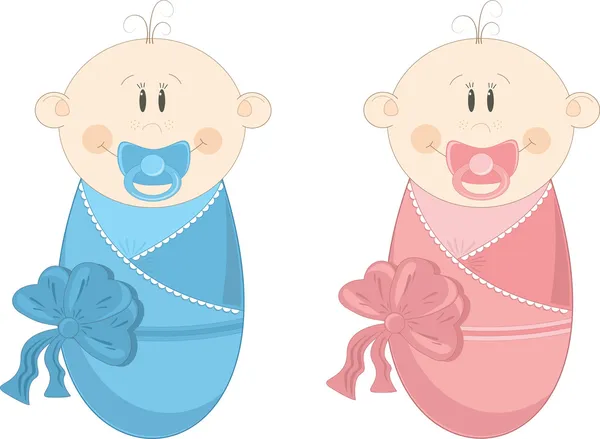 Twee baby in luiers met fopspenen, vectorillustratie — Stockvector