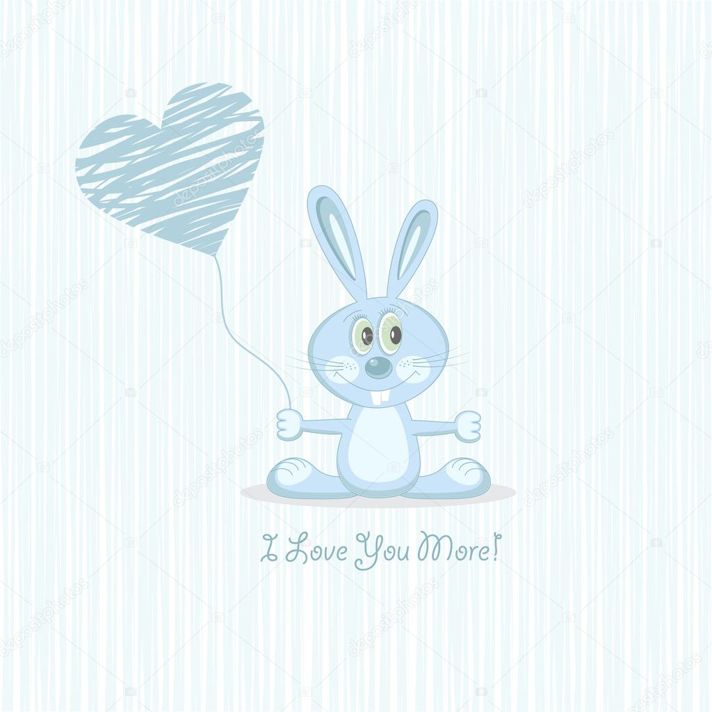 Blue love rabbit with heart (postcard), vector illustration