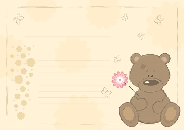 Urso de pelúcia com flor (cartão postal), ilustração vetorial — Vetor de Stock