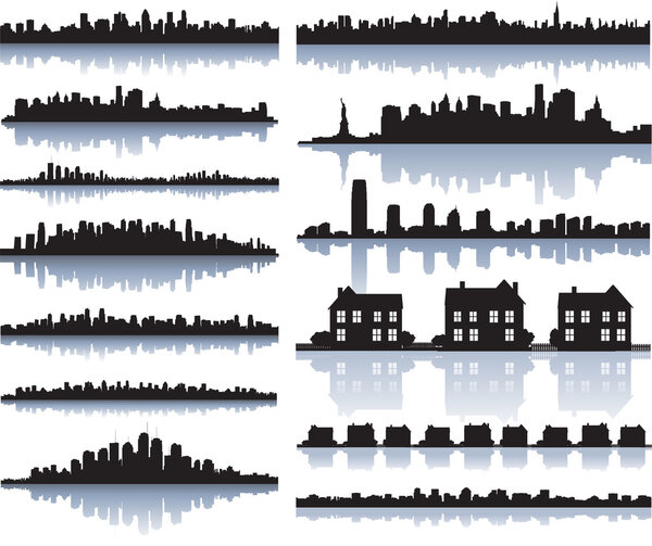 Set of vector detailed cities silhouette