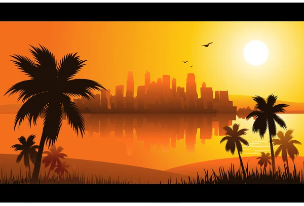 Cidade ao pôr-do-sol fundo tropical — Vetor de Stock