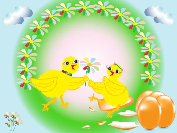 Geburtstagskarte mit Vögeln mit glücklichem Huhn — Stockvektor