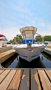 Motor boat docked in the marina. clipart