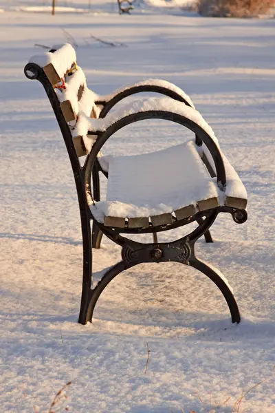Snow covered park bench. — Stock Photo, Image