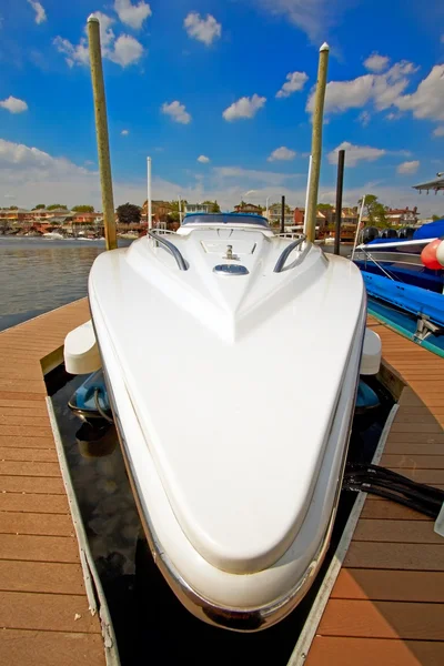 Motor boat docked in the marina. — Stock Photo, Image