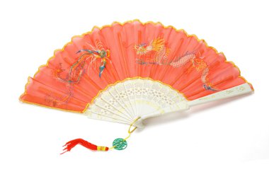 Red Chinese folding fan with dragon and peonix design clipart