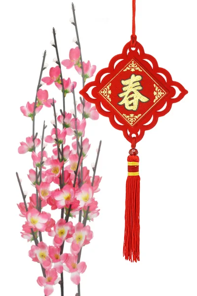 Chiński Nowy rok tradycyjne ozdoby i śliwkowy kwiat — Zdjęcie stockowe