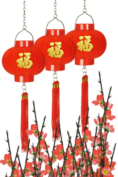 Chinese welvaart lantaarns en pruim bloesem — Stockfoto